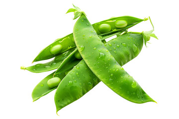 Wall Mural - Fresh green peas with leaves in open pods isolated on a white background