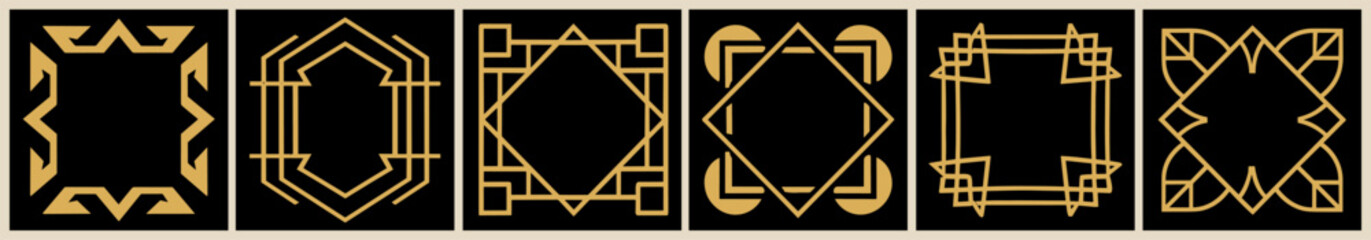 Art deco geometric golden frames set. Line gold decorative borders isolated on black background. Vector illustration for vintage, decoration, antique design concept.