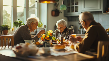 Elderly Friends Enjoying a Sunny Morning Meal in a Kitchen