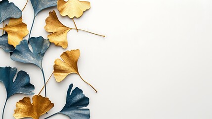 Wall Mural - Blue and gold ginkgo leaves painting on white background with copy space