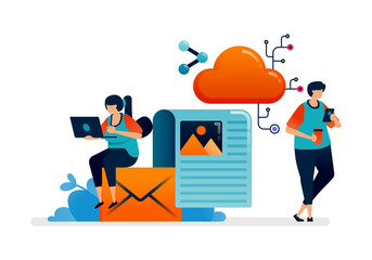 Wall Mural - Business illustration of accessing the network cloud for data sharing and email communication. Can be used for web, websites, landing pages, apps, posters, flyers