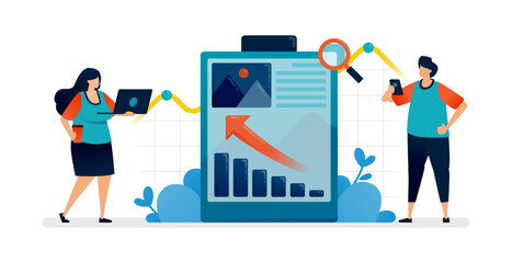 Wall Mural - Business illustration of clipboard of performance reports, bar charts of sales increase achievements. Can be used for seamless office template, homepage, landing page, proster ads