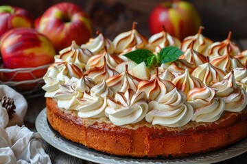 Wall Mural - Freshly baked apple pie topped with toasted meringue, garnished with mint on a vintage plate