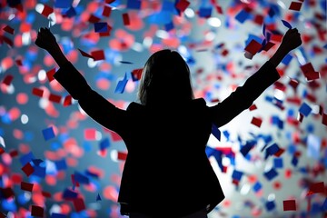 silhouette of woman celebrating with falling confetti. election winner concept