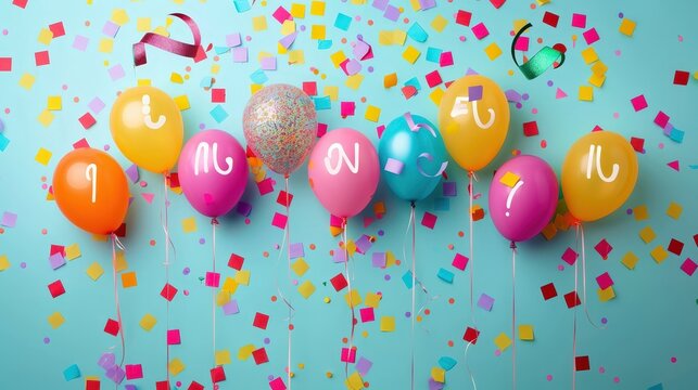 Eid Mubarak text message with colorful balloons and confetti