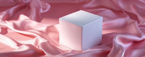 Wall Mural - White cube on pink satin fabric, soft