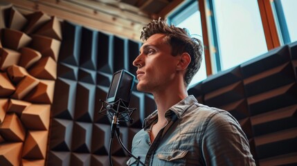 Wall Mural - Man singing in a recording studio