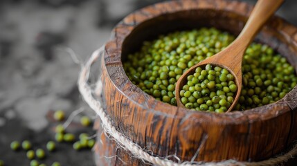 Poster - Wooden spoon and green mung beans in wooden container