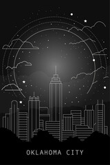 Wall Mural - Oklahoma City city poster with skyline, horizon and attraction. USA, Oklahoma state vector illustration, black and white thin line for vertical brochure, website, flyer, presentation, book, card