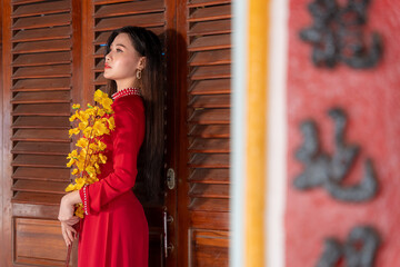 Vietnamese girl with Ao Dai dress standing in traditional house of Vietnam. Text in photo mean best wishes to family, happiness, prosperity, health. Tet holiday and New Year.