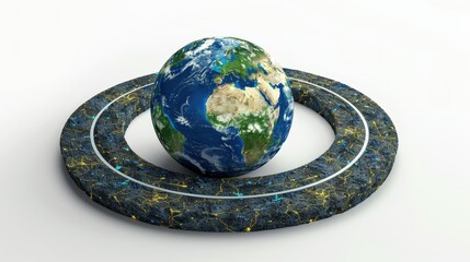 3d illustration of road around earth globe,Asphalt Road Circles earth,The road through the green forest, going through the forest to earth, Aerial top view forest,green grass field forward to globe.