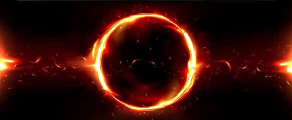 Poster - fire circle frame. flame light ring background. ignite round fiery with glow and burn border effect.