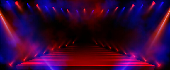 Poster - fashion runway stage with spotlight background. gala catwalk with red and blue bright beam for enter