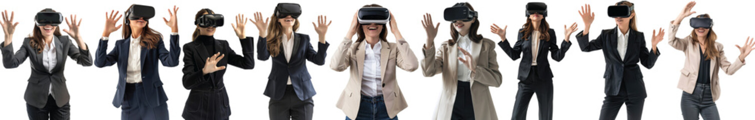 Pack of Happy businesswoman using VR headset set against transparent background