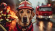 © Suphot - Firefighter dog in uniform with fire truck in background, assisting at the scene of an urban fire in the city.