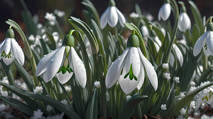 Wall Mural - hyper-realistic digital art illustration of snowdrop in full bloom