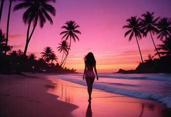 Wall Mural - A solitary woman walking along the coast with palm trees during a sunset in shades of pink and purple