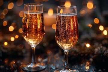 Champagne glasses drink wine with fireworks or bokeh lights background on new year night celebration