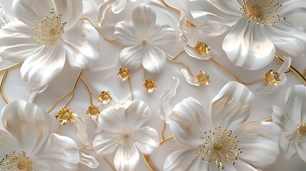 Wall Mural - 3d flowers shape with shiny white and gold color