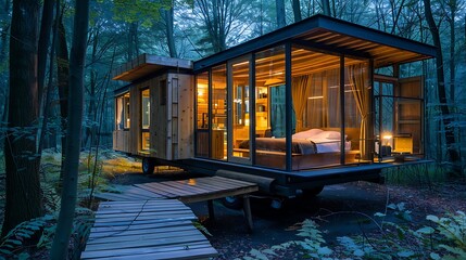 Poster - A Modern Tiny House Cabin in the Woods at Night