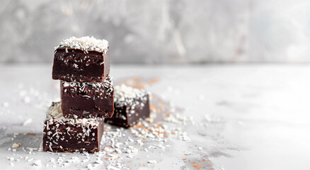 lamingtons chocolate dessert coconut Australia New Zealand baking sweet treat recipe traditional classic homemade confectionery gourmet food minimalist copy space rustic cooking Australia Day celebrat