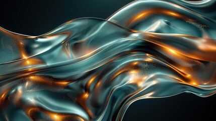 Wall Mural - luxury abstract, curved shape with smooth lines in metallic gold and teal against a black background.