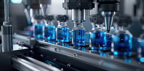 Aufkleber - An automated filling process for blue liquid in glass bottles
