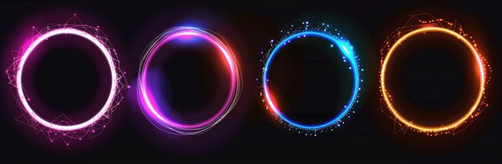Poster - Four glowing neon circles in different colors on a dark background