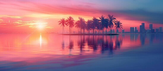 Poster - Palm Trees Silhouette on a Small Island With a Pink Sunset and City Skyline in the Background