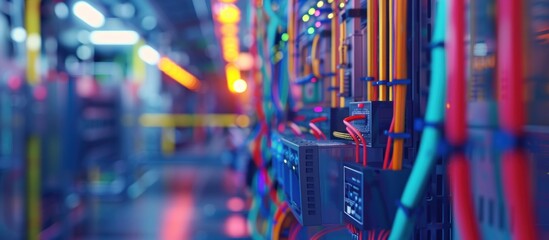 Poster - A closeup view of brightly colored wires connected to a server rack in a data center