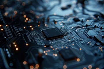 Poster - Detailed macro image of an electronic circuit board with central microchip and illuminated data paths