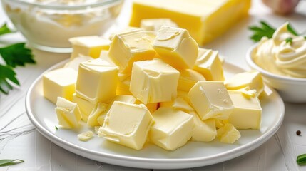 Wall Mural - A closeup image of cubes of butter on a white plate