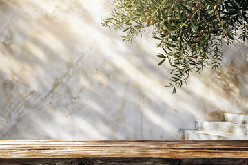 Poster - Sunlight shadows of olive branches on a textured wall, with a wooden table in the foreground