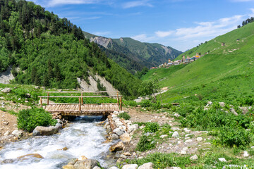 Wall Mural - A clear mountain river in a stone bed among grass and yellow flowers through the stones. Wooden bridge with railings and mountains in the background