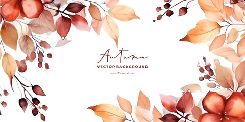 Wall Mural - watercolor autumn, fall, harvest day background with beautiful watercolor leaves and berries. horizo