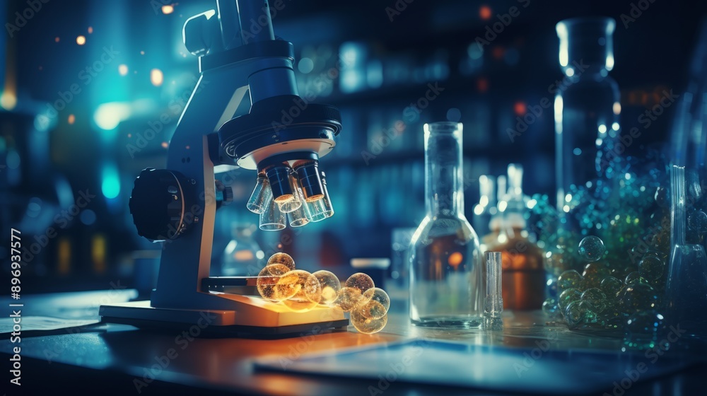 Microscope and lab glassware in a modern science laboratory: high-tech ...