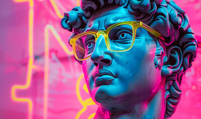 Wall Mural - Man with glasses statue on pink and blue background with neon sign in travel and art theme