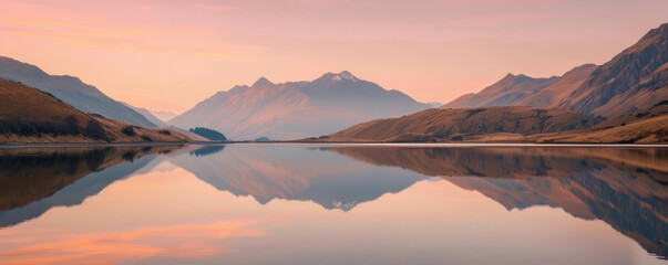 Mountain landscape reflected in calm lake at sunrise, scenic vista. Nature tranquility and peacefulness concept