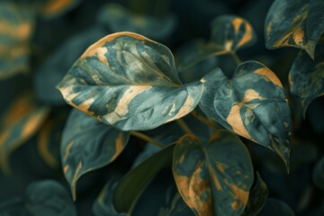 Wall Mural - A detailed image of a Pothos (Epipremnum aureum) plant with variegated leaves.