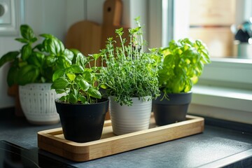 Wall Mural - A minimalist kitchen with a Herb Garden including basil, mint, and rosemary.