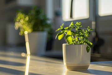 Wall Mural - A minimalist kitchen with a Herb Garden including basil, mint, and rosemary