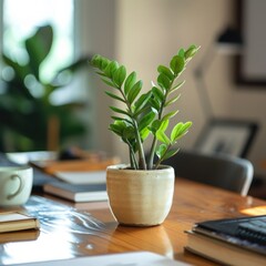 Wall Mural - A ZZ Plant (Zamioculcas zamiifolia) in a minimalist, modern home office.