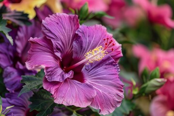 Wall Mural - detailed shot of a flowering Hibiscus plant with its large, vibrant flowers.