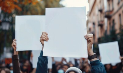 Wall Mural - Protesters holding blank political poster banners. ​​ Free copy space for text.