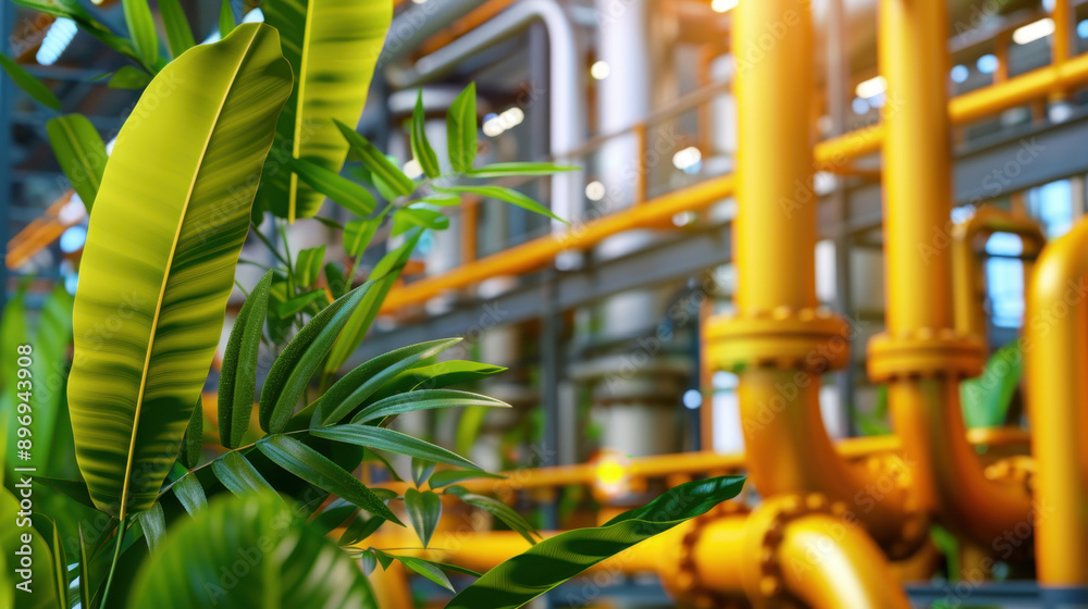 Lush green foliage in an industrial setting featuring yellow pipes ...