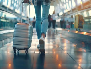 Woman, airport walking and suitcase with feet and luggage going on holiday and closeup travel