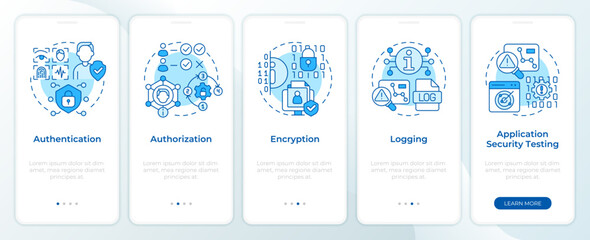 Wall Mural - Application security protocols blue onboarding mobile app screen. Walkthrough 5 steps editable graphic instructions with linear concepts. UI, UX, GUI template. Montserrat SemiBold, Regular fonts used