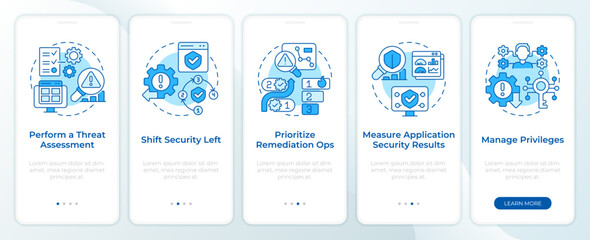 Wall Mural - Types of security practices blue onboarding mobile app screen. Walkthrough 5 steps editable graphic instructions with linear concepts. UI, UX, GUI template. Montserrat SemiBold, Regular fonts used