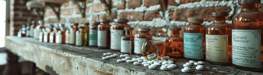 A vintage pharmacy shelf filled with glass jars and medicine, showcasing historical pharmaceutical items and pill tablets.