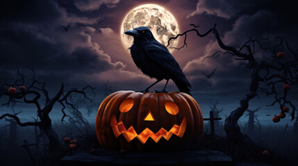 Wall Mural - crow on top of a Halloween pumpkin evoking a terrifying nighttime in a cloudy sky with a big moon, and bats flying, 